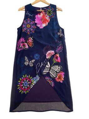 Desigual Womens Sleeveless Floral Print Tunic Dress Navy Blue Size 40 artisty fl
